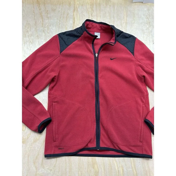 VTG Nike Jacket Mens M Red Black Fleece Full Zip Polyester Therma Fit Swoosh Y2K - Picture 1 of 9